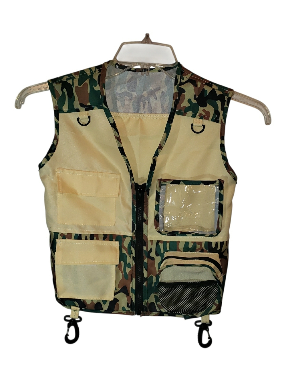 Children's med camo utility vest with beige panels.